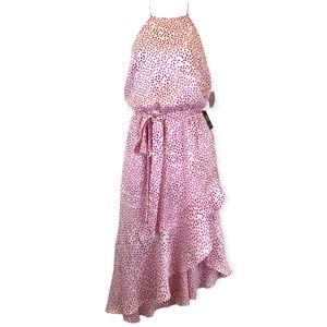 NWT Express Women’s Asymmetrical Pink Dot Ruffle Halter Dress Size S